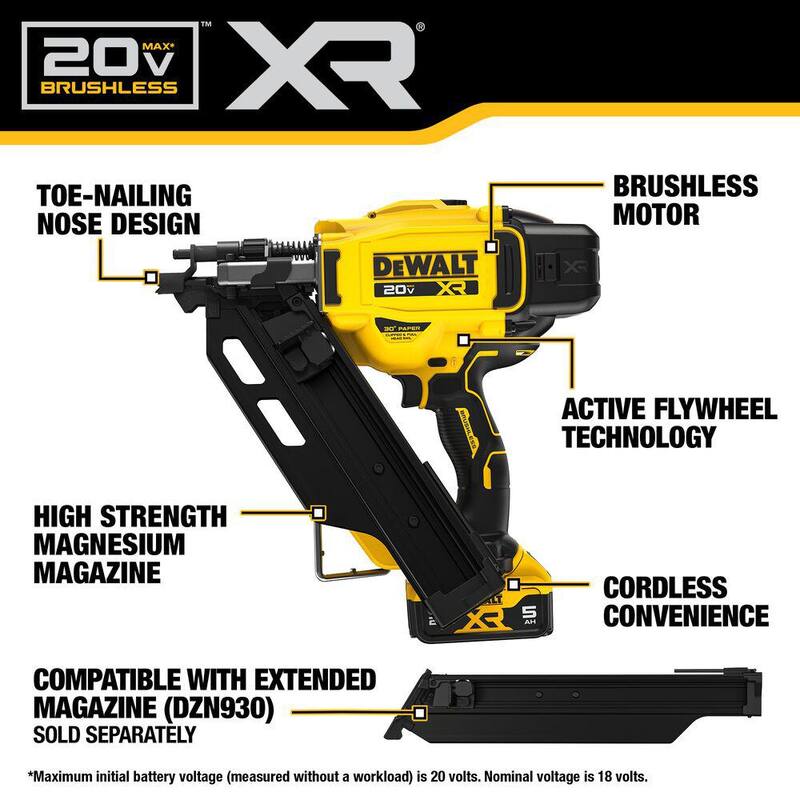 DEWALT 20-Volt 30° Clavadora de Armazón Inalámbrica con Kit de Batería de iones de litio de 5.0 Ah y Cargador - DCN930P1
