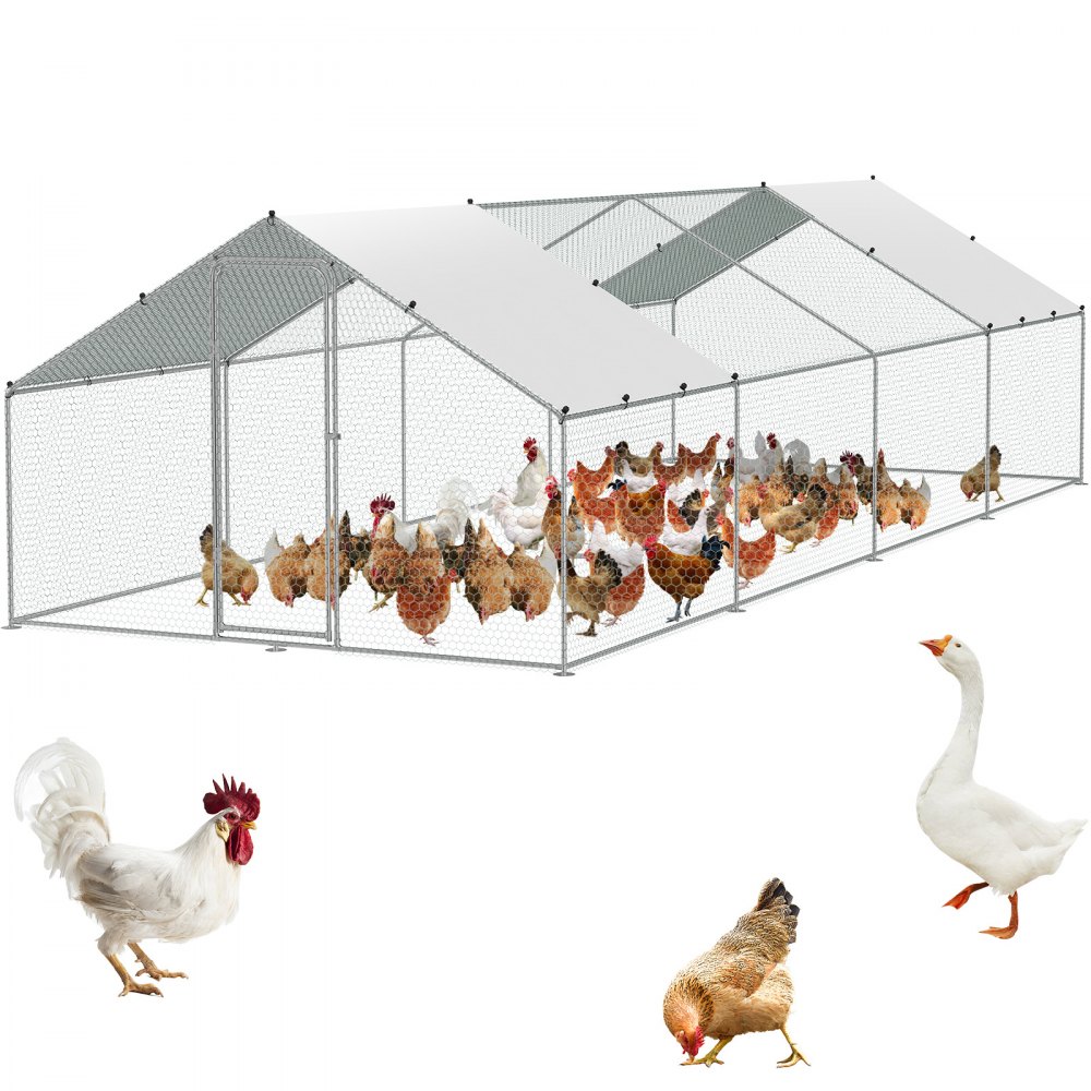 VEVOR Large Metal Chicken Coop with Run, 9.8x25.6x6.5 ft Walk-in Chicken Runs for Yard with Cover, Spire Roof Hen House with Security Lock for Outdoor and Backyard, Farm, Duck Rabbit Cage Poultry Pen - BRSJP8X3X2MJ5OMW8V0