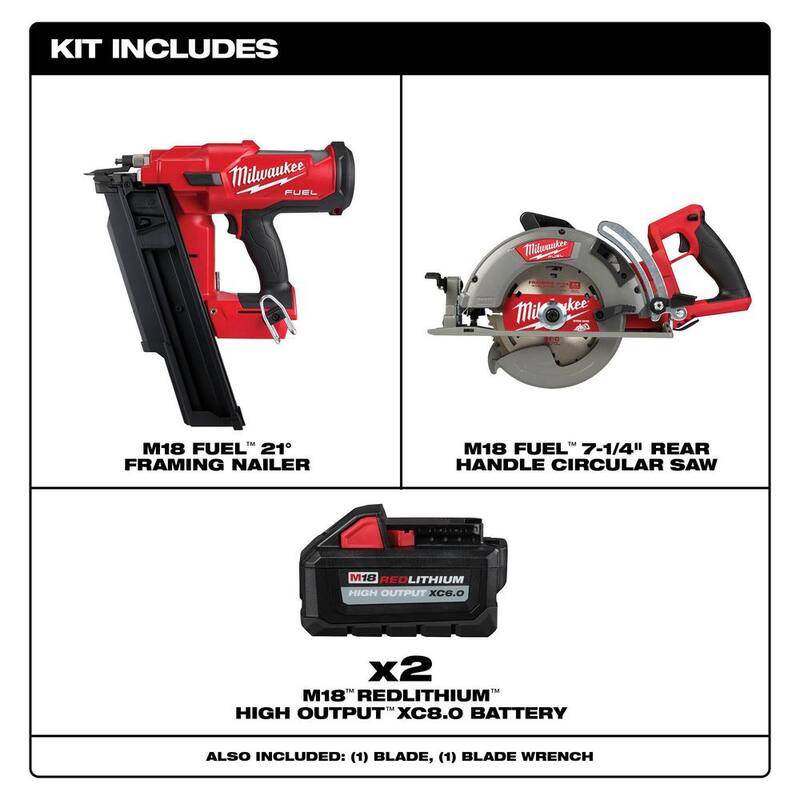 Milwaukee M18 FUEL 3-1/2 pulgadas 18 voltios 21 grados de iones de litio sin escobillas inalámbrico clavador con circulador trasero de 7-1/4 pulgadas, dos baterías HO de 6Ah - 2744-20-2830-20-48-11-1862.