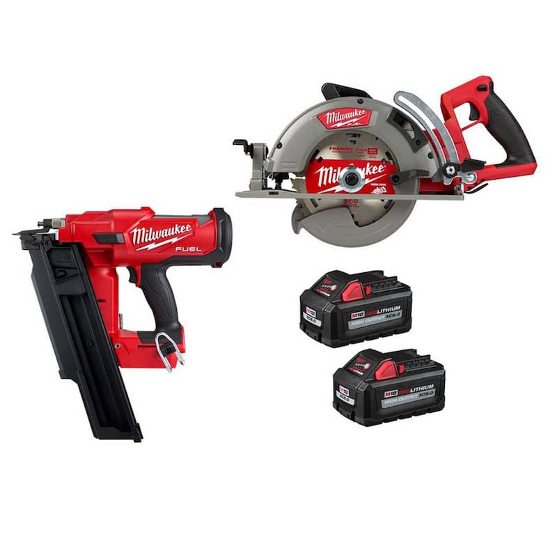 Milwaukee M18 FUEL 3-1/2 pulgadas 18 voltios 21 grados de iones de litio sin escobillas inalámbrico clavador con circulador trasero de 7-1/4 pulgadas, dos baterías HO de 6Ah - 2744-20-2830-20-48-11-1862.