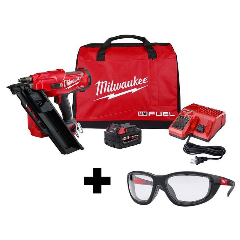 Kit de clavadora Milwaukee M18 FUEL de 3-1/2 pulgadas, 18 voltios, 30 grados, con motor sin escobillas de iones de litio, y lentes de seguridad de rendimiento con empaque - 2745-21-48-73-2040