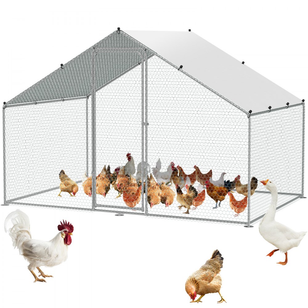 VEVOR Large Metal Chicken Coop, 9.8x6.5x6.5ft Walk-in Chicken Run with Waterproof Cover, Spire Roof Hen House with Security Lock for Outdoor and Backyard, Farm, Duck Rabbit Cage Poultry Pen - BRSJP2X3X2MJBASKEV0