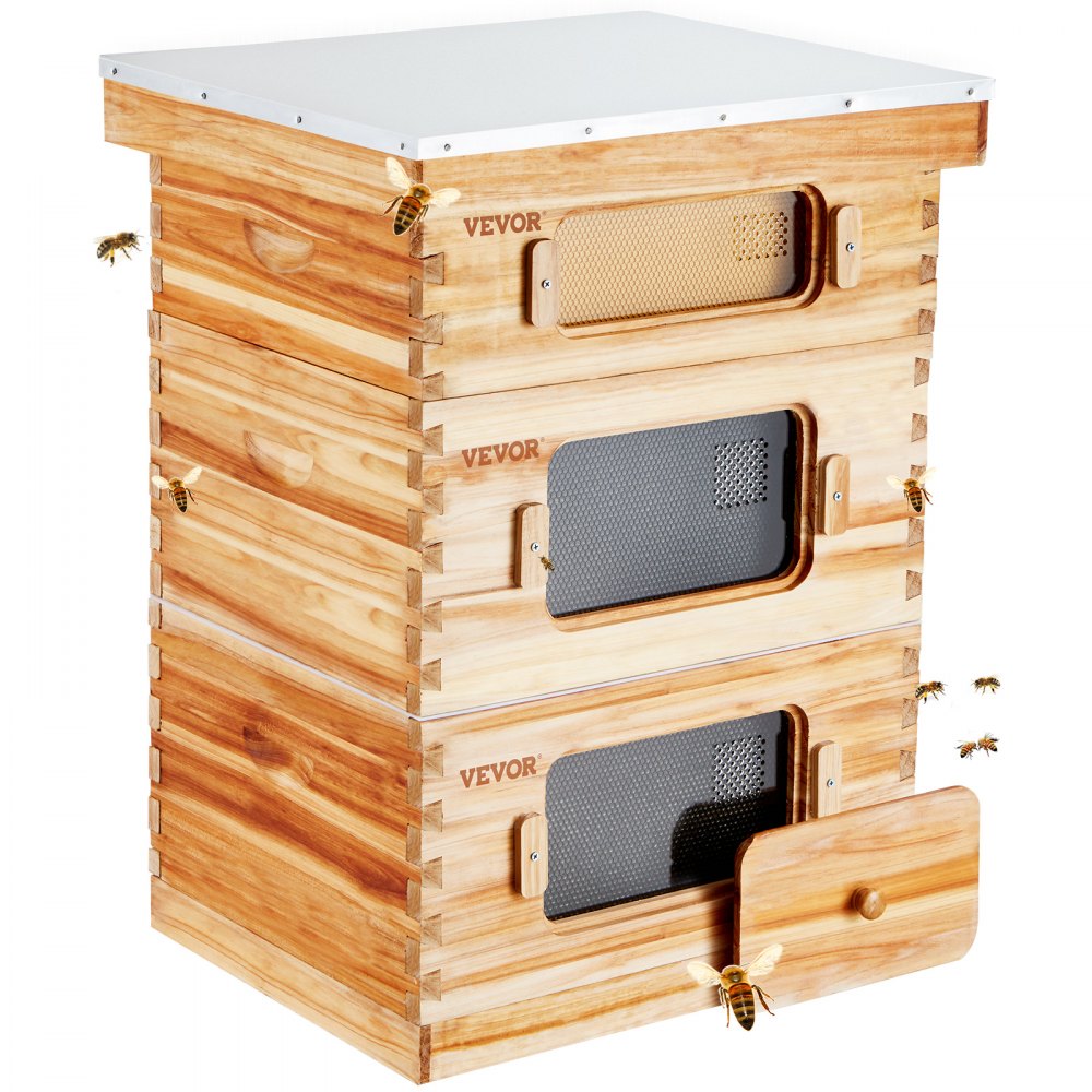 VEVOR Bee Hive 30 Frame Bee Hives Starter Kit, Beeswax Coated Cedar Wood, 2 Deep + 1 Medium Bee Boxes Langstroth Beehive Kit, Transparent Acrylic Windows with Foundations for Beginners Pro Beekeepers - CTFXSMSHX2ZHGHAL4V0