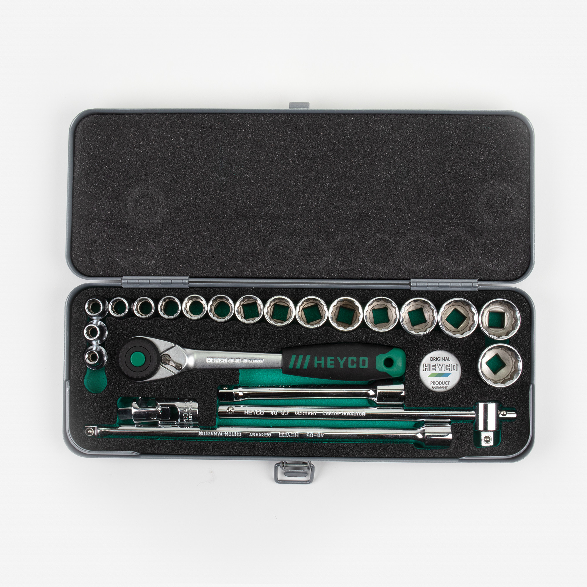 Heyco Metric 12 Point 3/8" Drive Socket Set with Ratchet, 23 Pieces