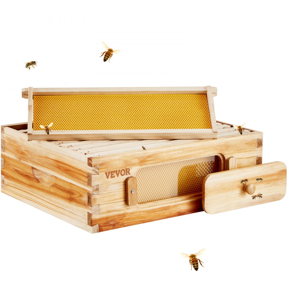 VEVOR Bee Hive Medium Box Starter Kit, 100% Beeswax Coated Natural Cedar Wood, Langstroth Beehive Kit with 10 Frames and Foundations, Transparent Acrylic Bee Windows for Beginners and Pro Beekeepers - CTFXSMZHX110P1UPNV0