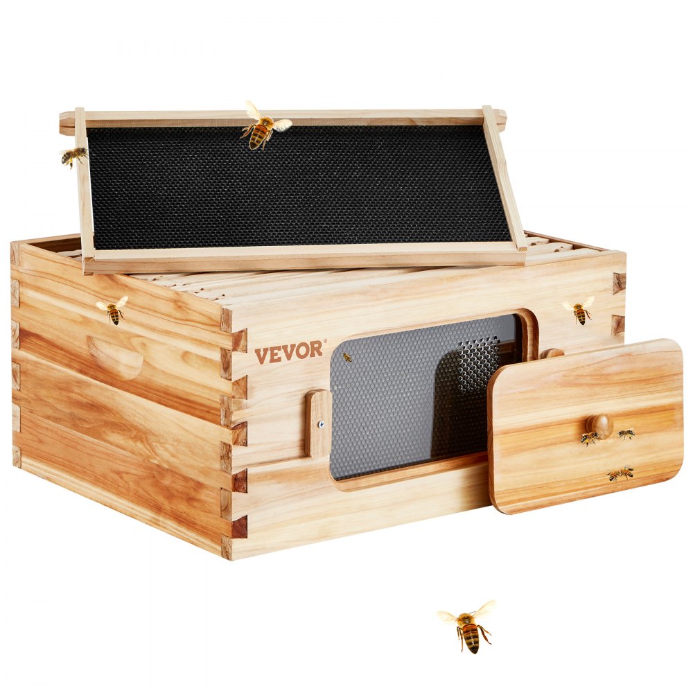 VEVOR Bee Hive Deep Box Starter Kit, 100% Beeswax Coated Natural Cedar Wood, Langstroth Beehive Kit with 10 Frames and Foundations, Transparent Acrylic Bee Windows for Beginners and Pro Beekeepers - CTFXSMSHX1109SC61V0