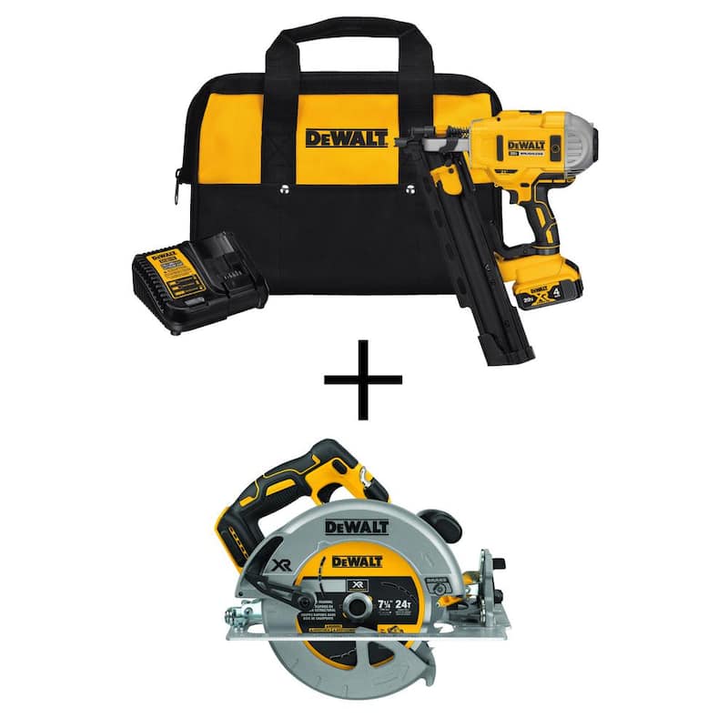 Clavadora inalámbrica DEWALT 20-Volt MAX XR de iones de litio a 21° y sierra circular sin escobillas de 7-1/4 pulgadas (Herramienta solamente) - DCN21PLM1W570B