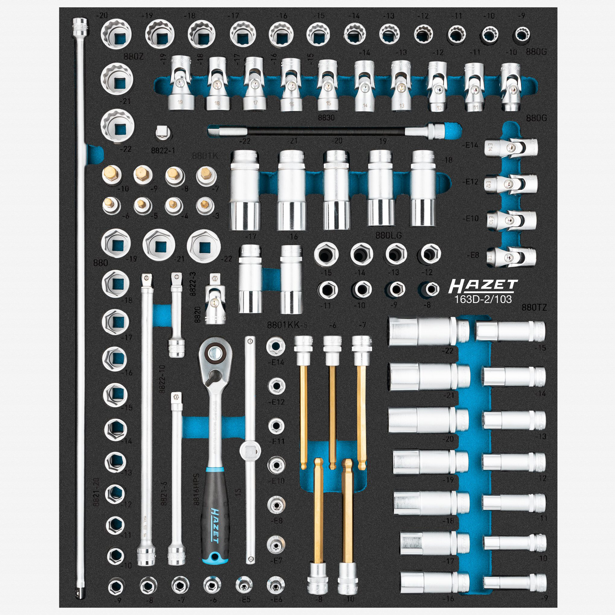 Hazet 163D-2/103 Metric Socket and Ratchet Set in Foam Tray, 3/8" Drive, 103 Pieces