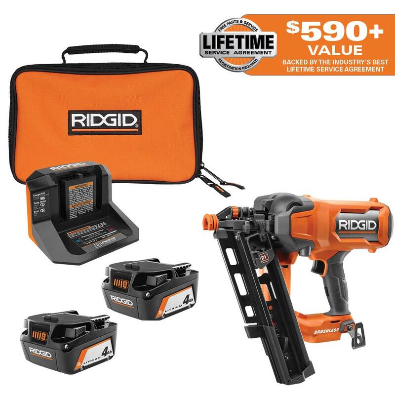 RIDGID 18V (2) Baterías de 4.0 Ah y kit de cargador con Clavadora Inalámbrica de 21° para Armazón - AC93044SBN-R09894B