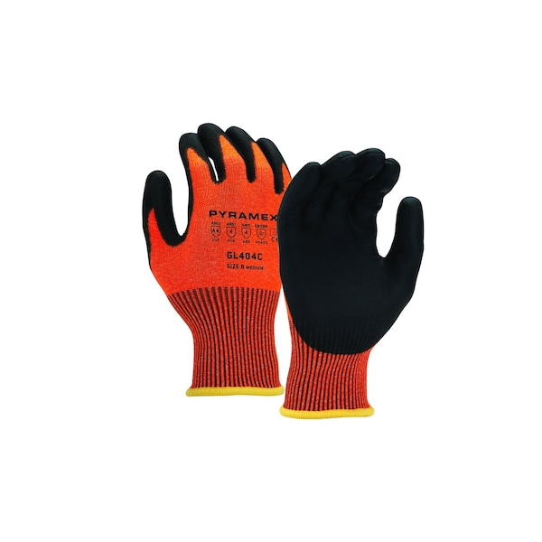 Guantes de Poliuretano Sumergidos Pyramex 13G HPPE Liner Naranja de Alta Visibilidad A4 Corte, Talla M, Paquete de 12 - GL404CM