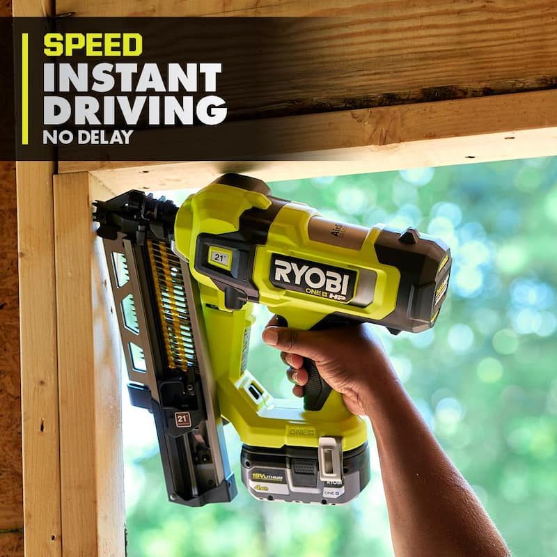 Kit de clavadora de armazón inalámbrica RYOBI ONE+ HP 18V sin escobillas AirStrike 21° con batería de 4.0 Ah y cargador - PBL345KN