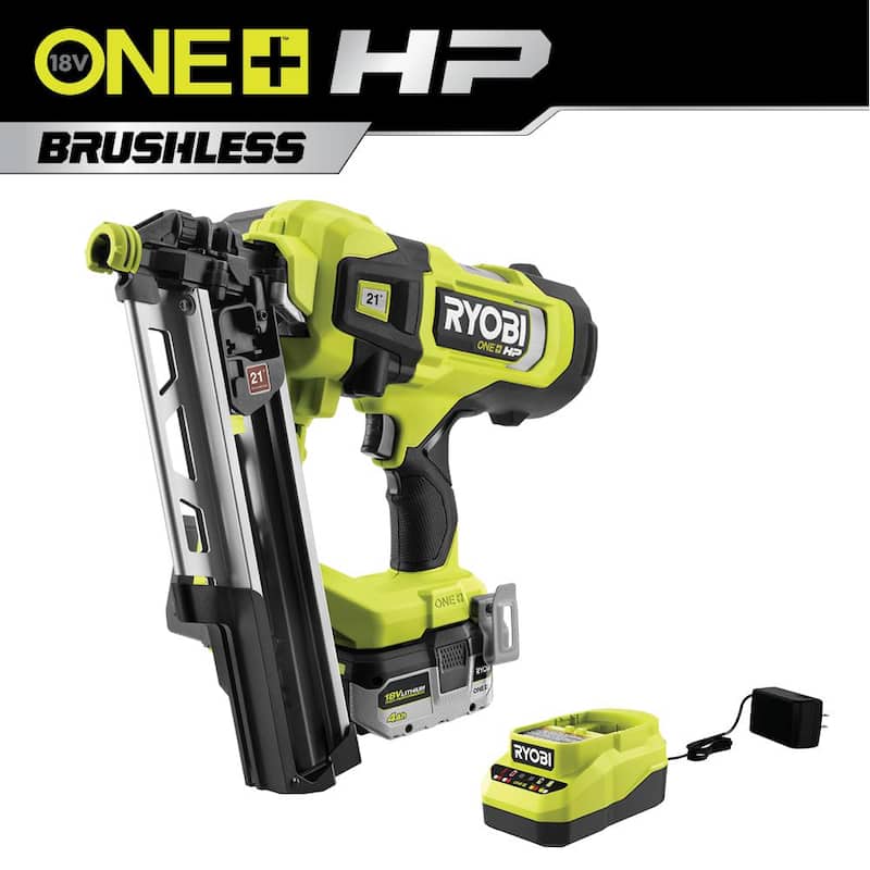 Kit de clavadora de armazón inalámbrica RYOBI ONE+ HP 18V sin escobillas AirStrike 21° con batería de 4.0 Ah y cargador - PBL345KN