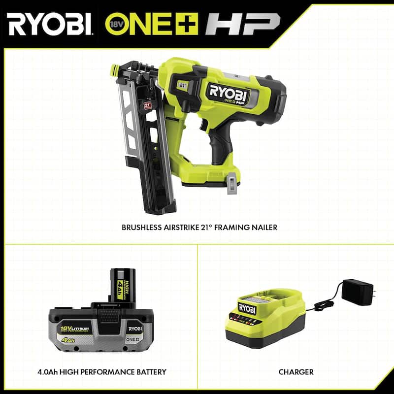 Kit de clavadora de armazón inalámbrica RYOBI ONE+ HP 18V sin escobillas AirStrike 21° con batería de 4.0 Ah y cargador - PBL345KN