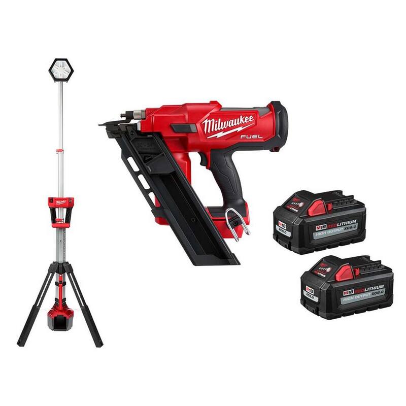 Milwaukee M18 FUEL Clavadora inalámbrica sin escobillas de 3-1/2 pulgadas, de 18 voltios y 30 grados de ángulo de litio con luz de torre, dos baterías HO de 6Ah - 2745-20-2131-20-48-11-1862.