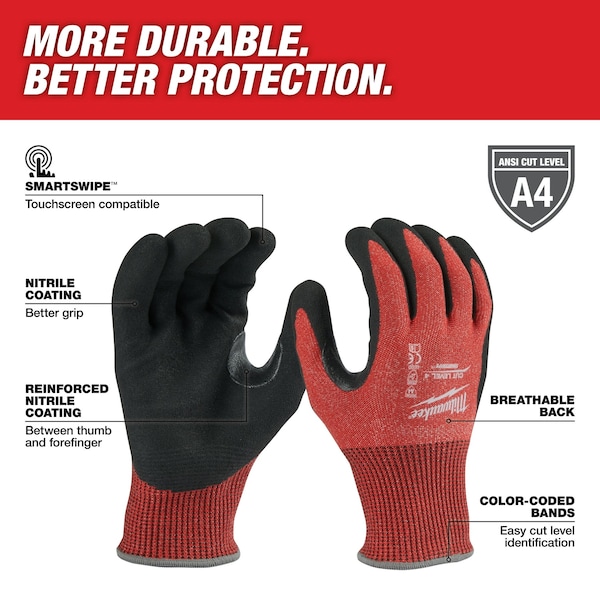 Guantes Milwaukee Tool recubiertos de nitrilo nivel de corte 4 - Extra grande, A4 nivel de corte, 13 ga, rojo, XL (10) - 48-22-8948