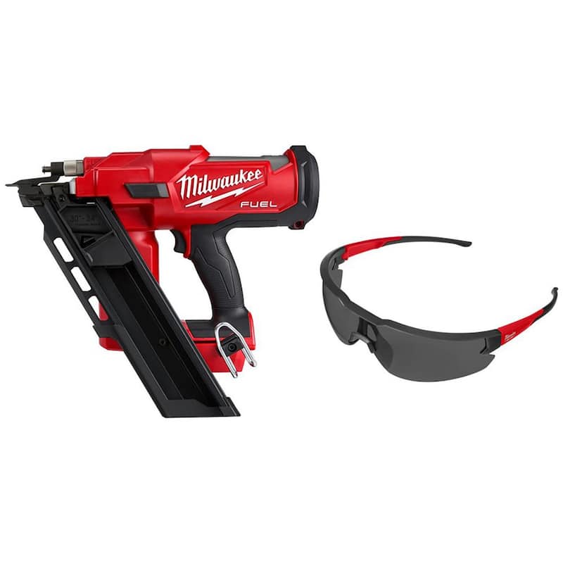 Milwaukee M18 FUEL Clavadora de armazón inalámbrica sin escobillas de 18 voltios y 30 grados de 3-1/2 pulgadas (solo herramienta) con anteojos de seguridad rayados antirrayaduras tintados - 2745-20-48-73-2015