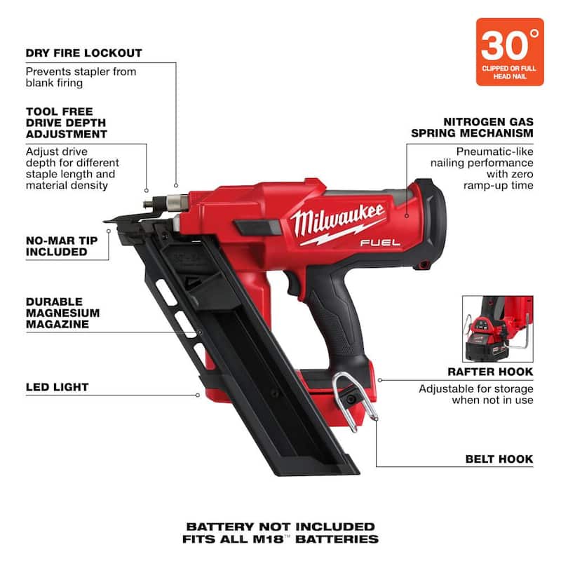 Milwaukee M18 FUEL Clavadora de armazón inalámbrica sin escobillas de 18 voltios y 30 grados de 3-1/2 pulgadas (solo herramienta) con anteojos de seguridad rayados antirrayaduras tintados - 2745-20-48-73-2015