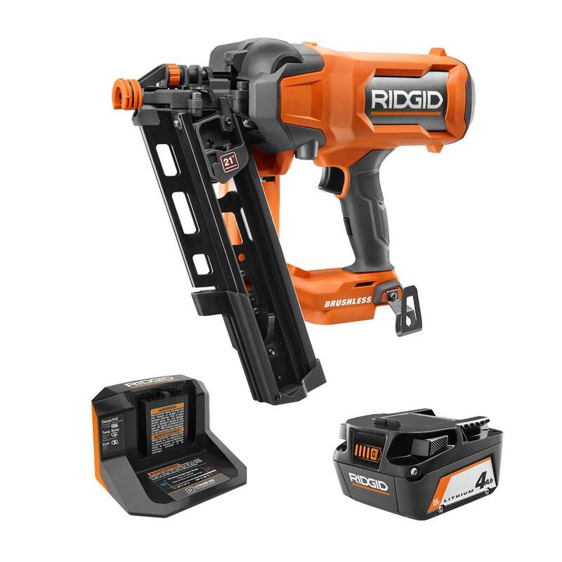 Clavadora de armazón inalámbrica RIDGID 18V Brushless de 21° 3-1/2 pulgadas con kit de batería de 4.0 Ah y cargador - R09894K