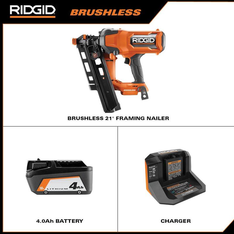 Clavadora de armazón inalámbrica RIDGID 18V Brushless de 21° 3-1/2 pulgadas con kit de batería de 4.0 Ah y cargador - R09894K