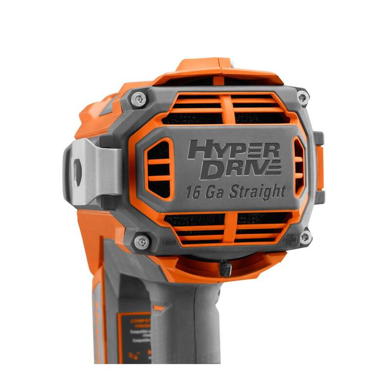 Clavadora recta inalámbrica sin escobillas RIDGID 18V HYPERDRIVE de calibre 16 de 2-1/2 pulgadas (solo herramienta), clip para cinturón, bolsa, clavos de muestra - R09892B