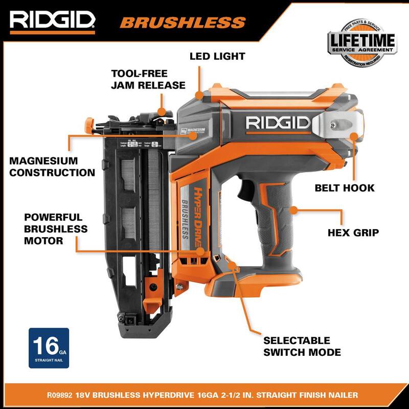 Clavadora recta inalámbrica sin escobillas RIDGID 18V HYPERDRIVE de calibre 16 de 2-1/2 pulgadas (solo herramienta), clip para cinturón, bolsa, clavos de muestra - R09892B