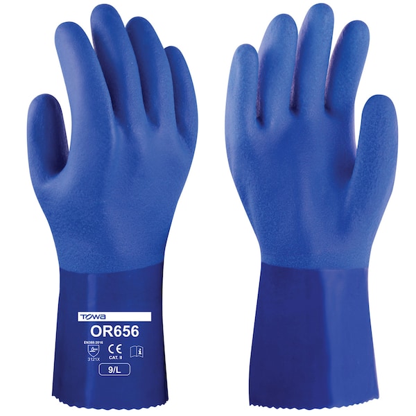 Guantes de PVC recubiertos completos Towa, protección química de PVC - Excelente agarre en aceite, acabado áspero en la palma PR - FC1P12-03-M