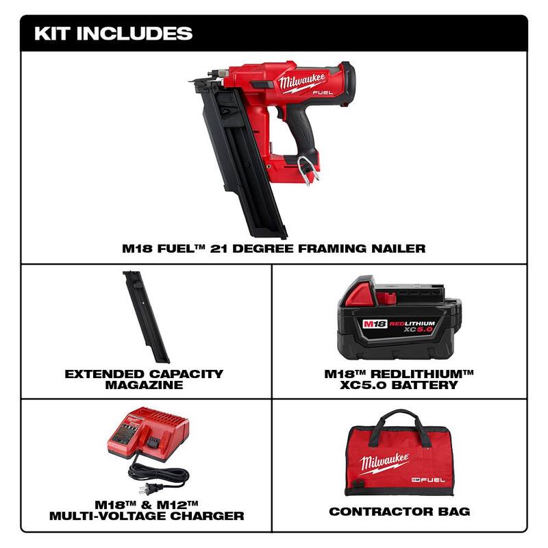 Milwaukee M18 FUEL Clavadora inalámbrica para marcos de 18 V 21 grados de 3-1/2 pulgadas con batería de iones de litio, kit con capacidad de carga extendida - 2744-21-48-08-2744
