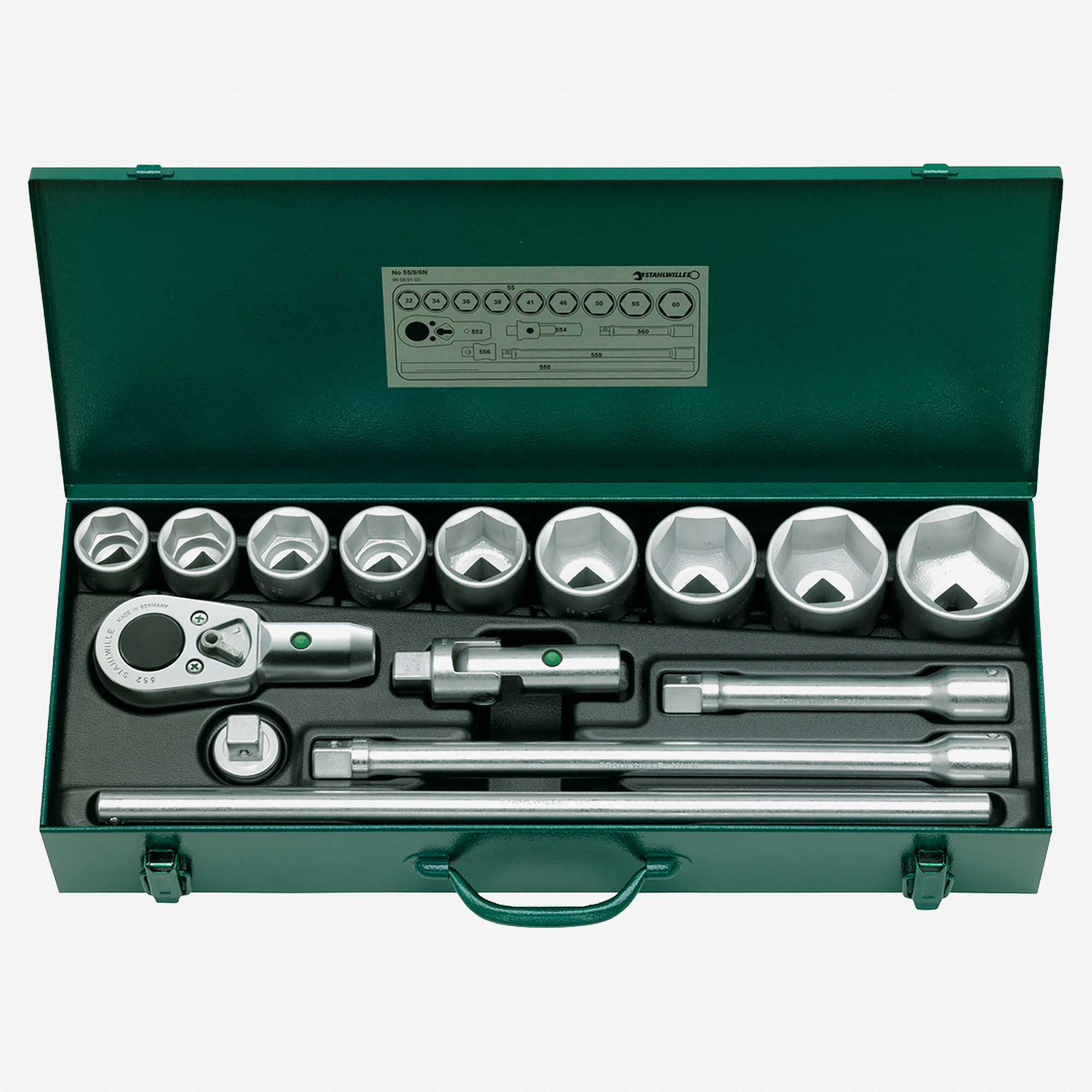 Stahlwille 55/9/6N Socket Set, 3/4" Drive, Metric, 32 - 60 mm, 6-point, 15 Pieces