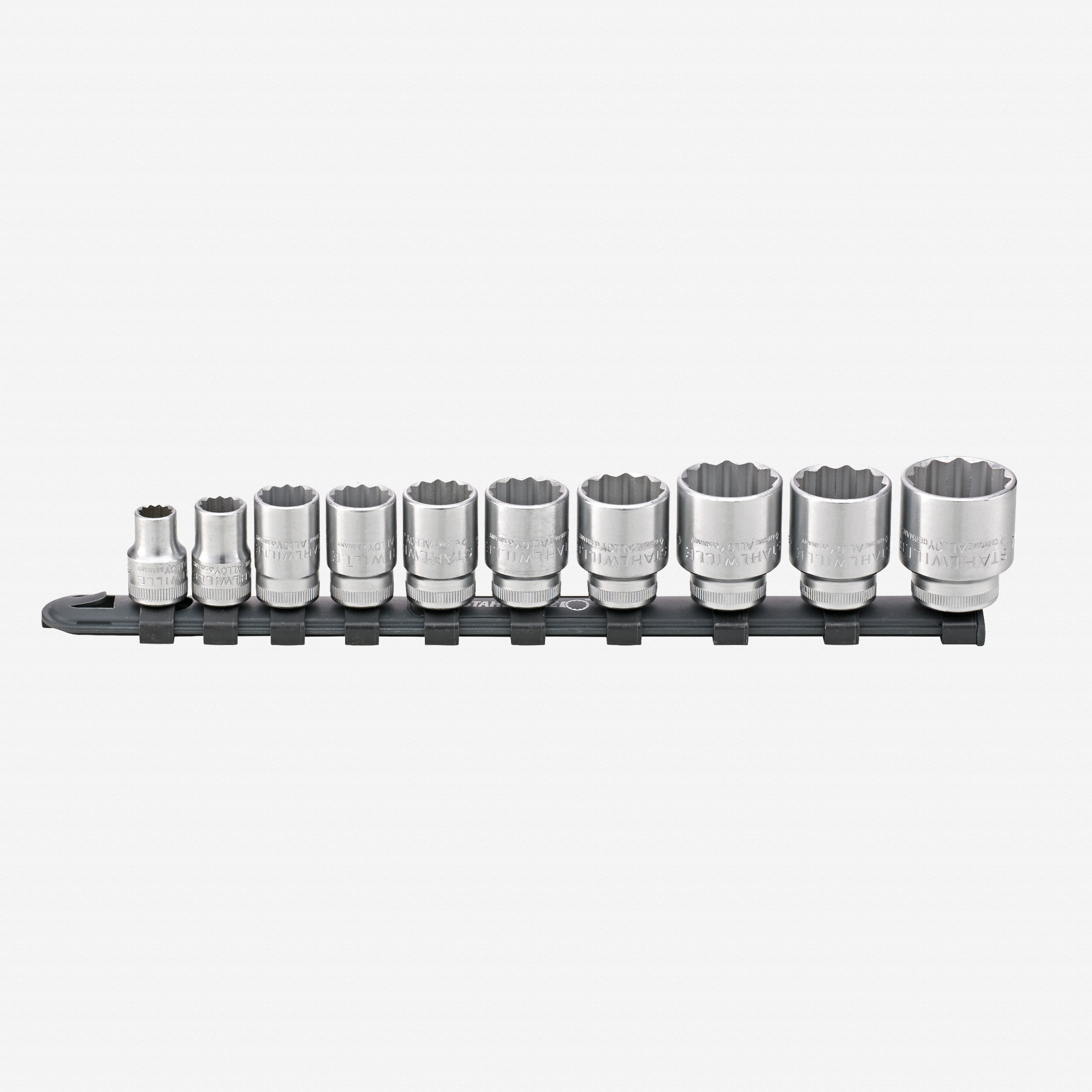 Stahlwille 12917/10-45 Outside Hex Socket Set on Plastic Socket Strip, Metric, 3/8" Drive, 8-24mm, 11 Pieces