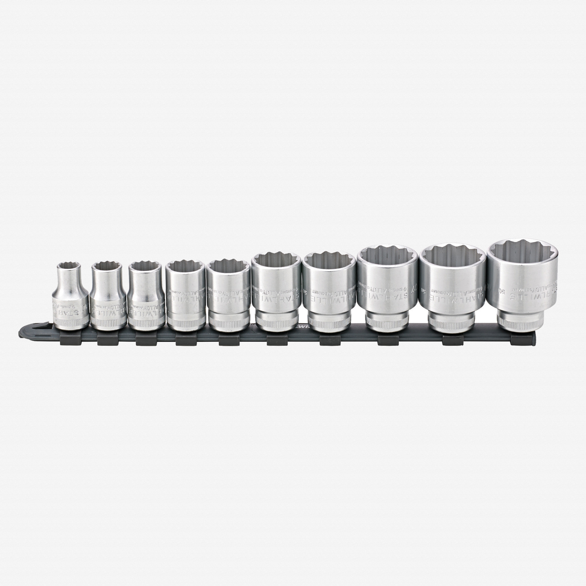 Stahlwille 12918/10-50 Outside Hex Socket Set on Plastic Socket Strip, Metric, 1/2" Drive, 10-32mm, 11 Pieces