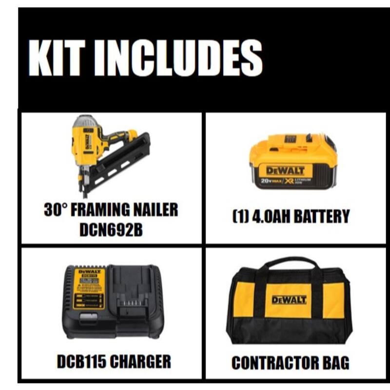 DEWALT 20V MAX XR Clavadora de Armazón inalámbrica sin escobillas de 2 velocidades con gatillo de papel de 30° y clavos de 3-1/4 pulgadas (2500 piezas) - Kit DCN692M1W131FH