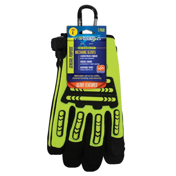 Guante mecánico Viswerx de alta visibilidad con muñequera ajustable y protectores de nudillos - Grande - 127-11042.
