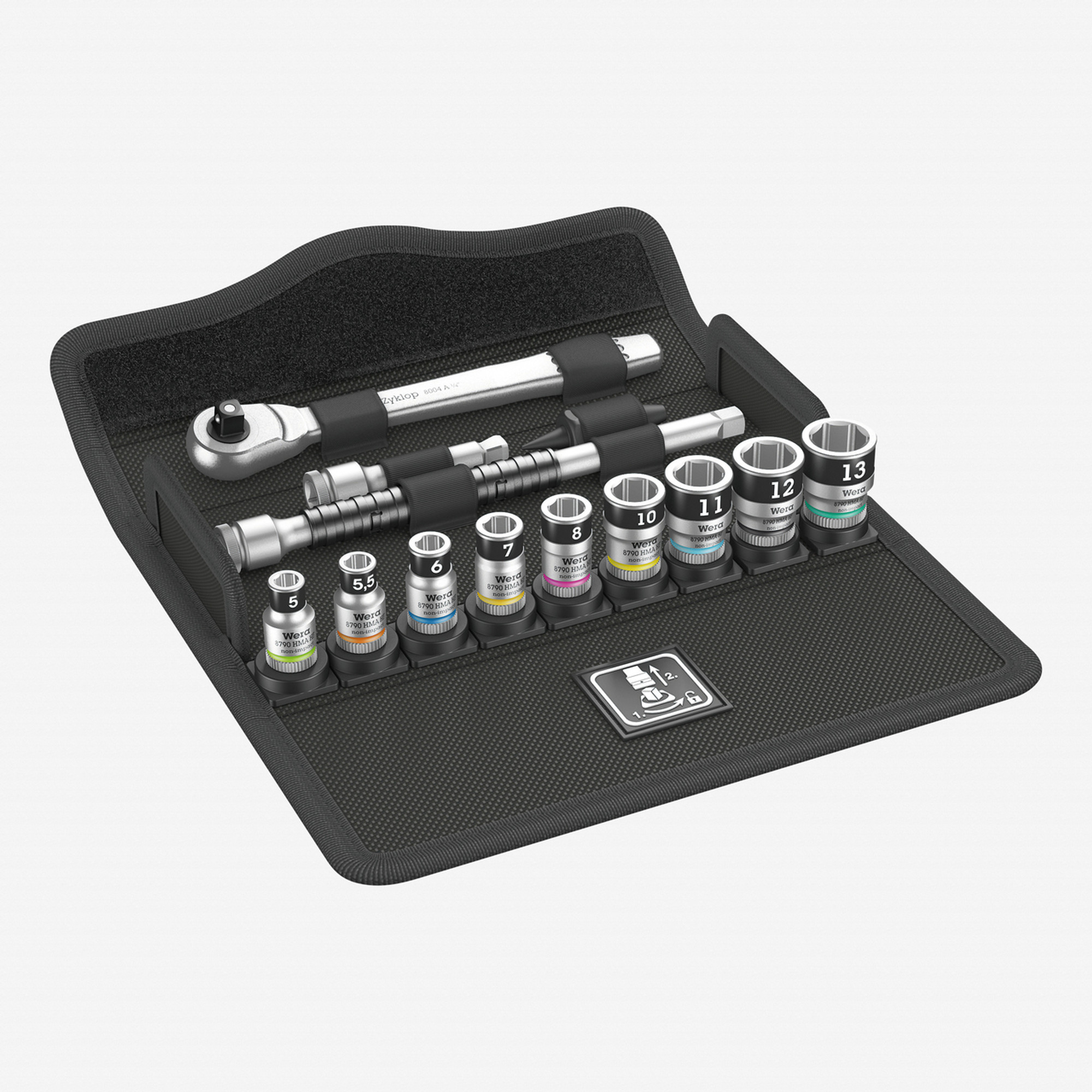 Wera 003756 8100 SA 12 Zyklop Metal Ratchet Set with Switch Lever, 1/4" Drive with Holding Function - Metric