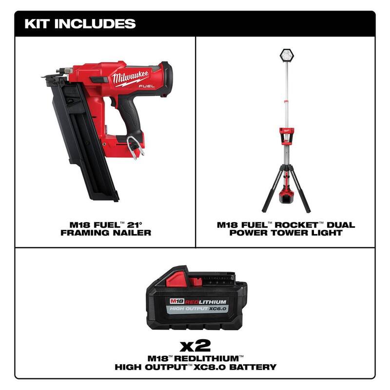 Milwaukee M18 FUEL 3-1/2 pulgadas 18-Voltios 21 grados de litio-ion inalámbrico clavadora sin escobillas con torre de luz, dos baterías HO de 6Ah - 2744-20-2131-20-48-11-1862.