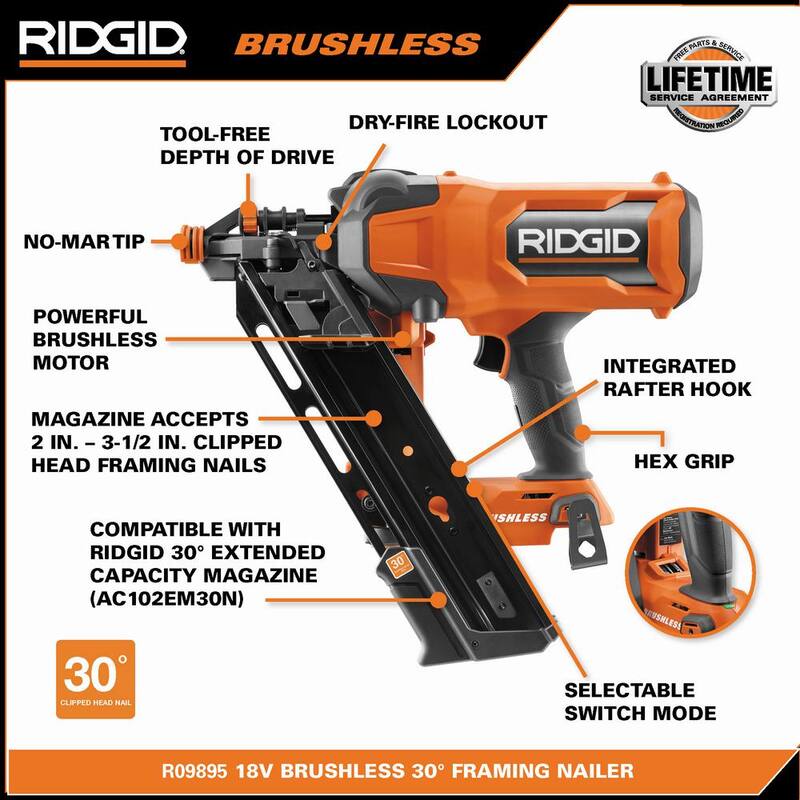 RIDGID 18V Clavadora de armazón inalámbrica con motor sin escobillas de 30 grados, kit con batería de 4.0 Ah y cargador - R09895KN