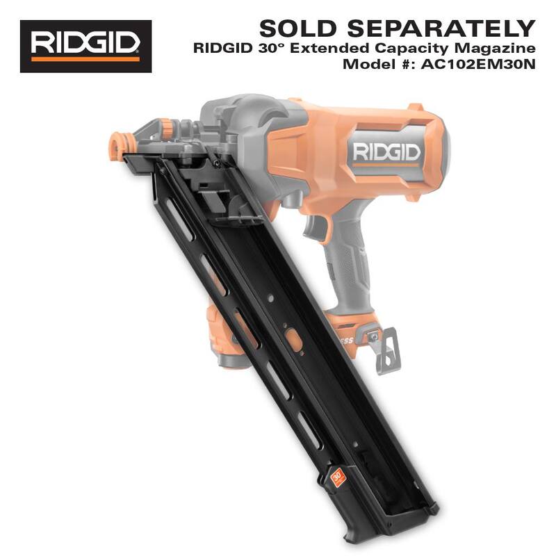 RIDGID 18V (2) Baterías de 4.0 Ah y Kit de Cargador con Clavadora inalámbrica de ángulo de 30° - AC93044SBN-R09895B