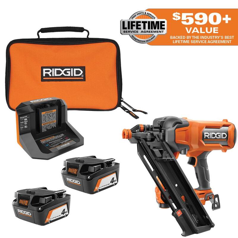 RIDGID 18V (2) Baterías de 4.0 Ah y Kit de Cargador con Clavadora inalámbrica de ángulo de 30° - AC93044SBN-R09895B