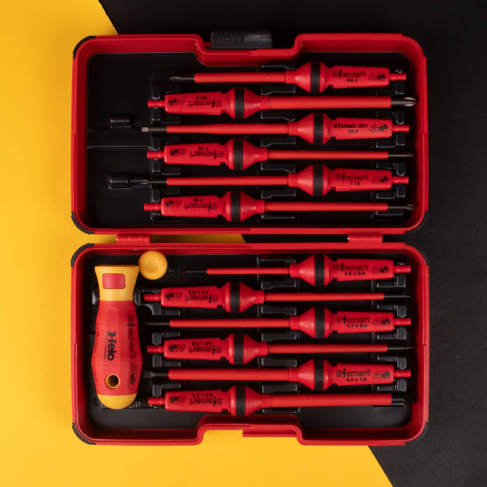 Felo E-Smart 14 piece Square 2 Set - Slotted, Phillips, Square, Torx Tip Insulated Blades with 2 Handles