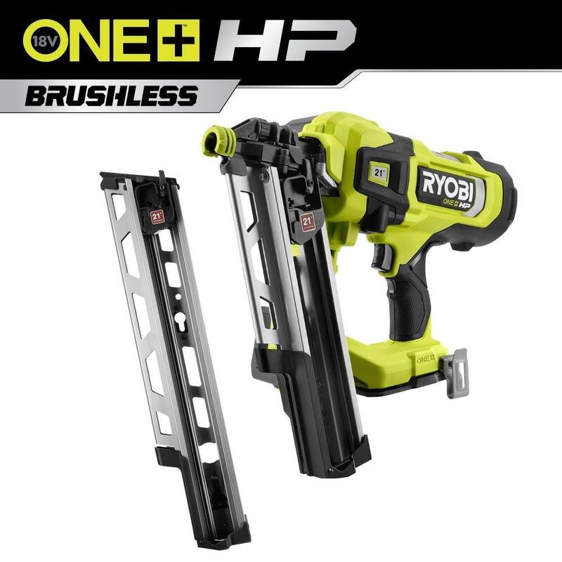 Clavadora de armazón inalámbrica RYOBI ONE+ HP 18V sin escobillas AirStrike 21° (Herramienta solamente) con cargador de capacidad extendida de 21° - PBL345B-A102EM211