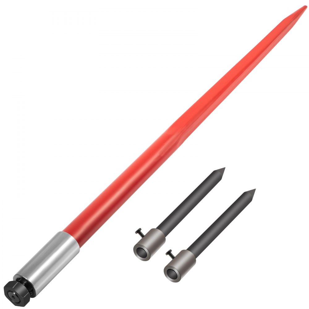 VEVOR Hay Spear 49" Bale Spear 3000 lbs Capacity, Bale Spike Quick Attach Square Hay Bale Spears 1 3/4" Wide, Red Coated Bale Forks, Bale Hay Spike with Hex Nut & Sleeve with 2 Stabilizer Spears - CM45X12503000DTT1V0