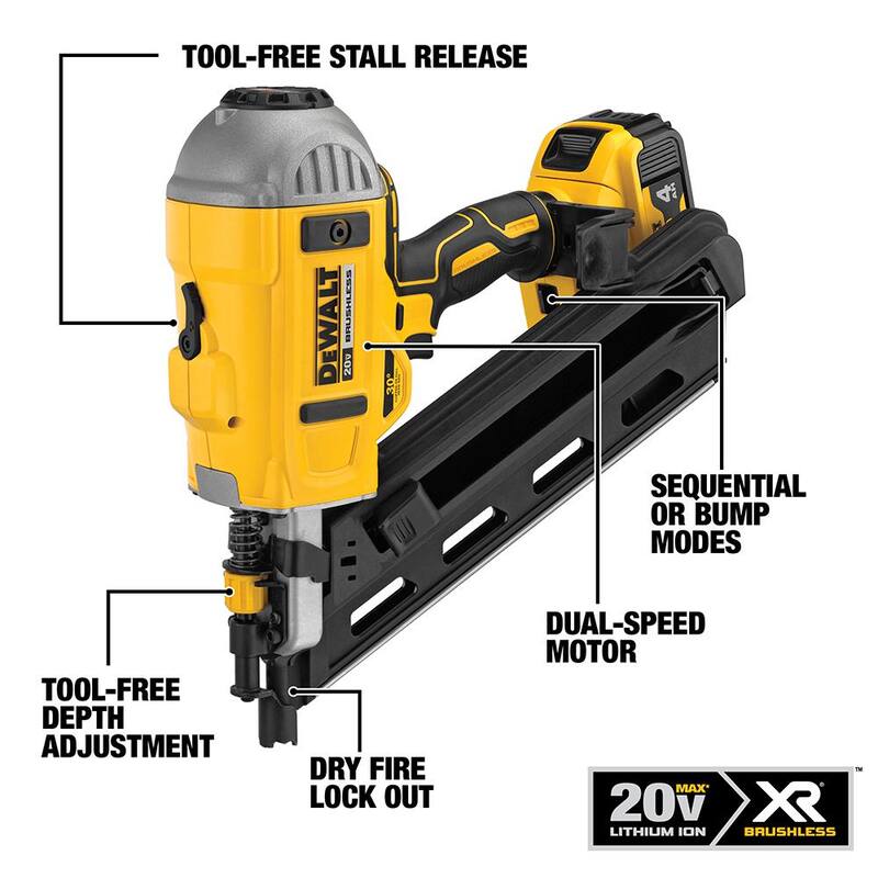 
Kit de clavadora de armazón sin cable sin escobillas DEWALT 20-Volt MAX XR de 30 grados de 2 velocidades con clavadora de brads de calibre 18 (herramienta solamente) - DCN692M1680B