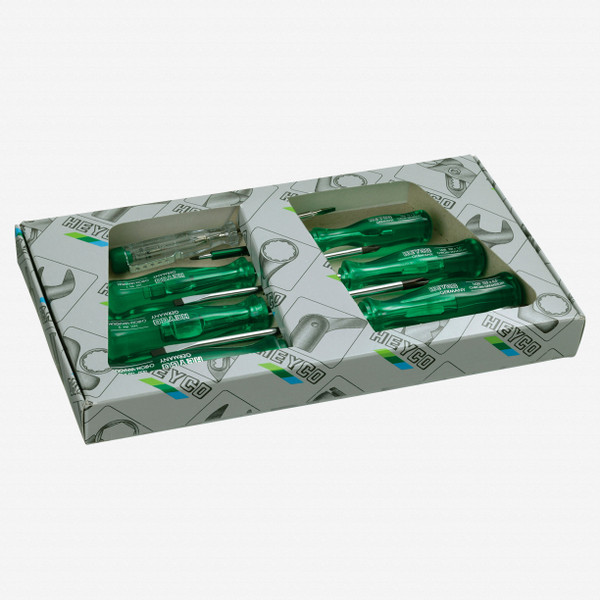 Heyco Phillips/Slotted Screwdriver Set with Acetate Handles and Voltage Tester, 7 Pieces