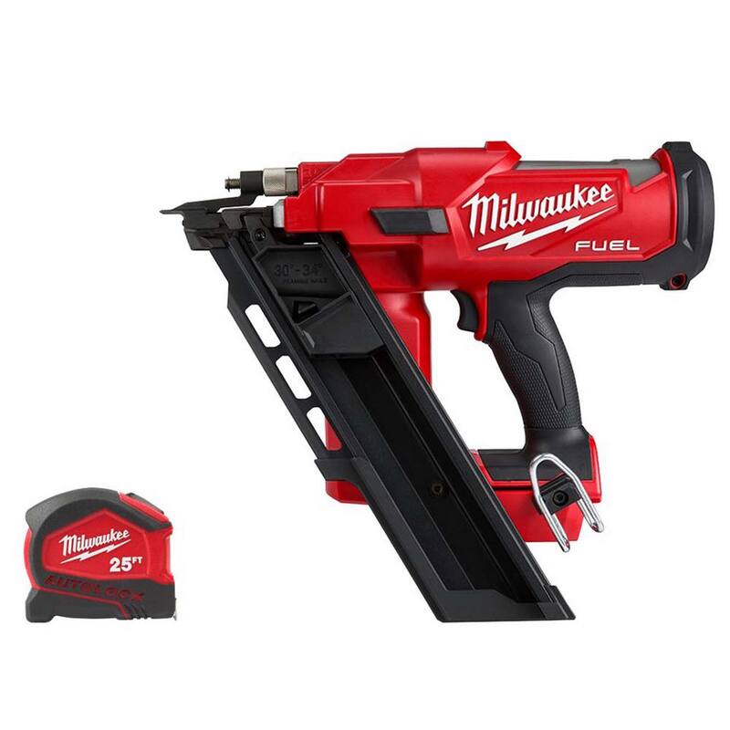 Clavadora inalámbrica para armazones Milwaukee M18 FUEL de 3-1/2 pulgadas, 18 V, 30 grados de ángulo, de ion de litio sin escobillas con cinta métrica automática Compact Auto Lock de 25 pies - 2745-20-48-22-6825.