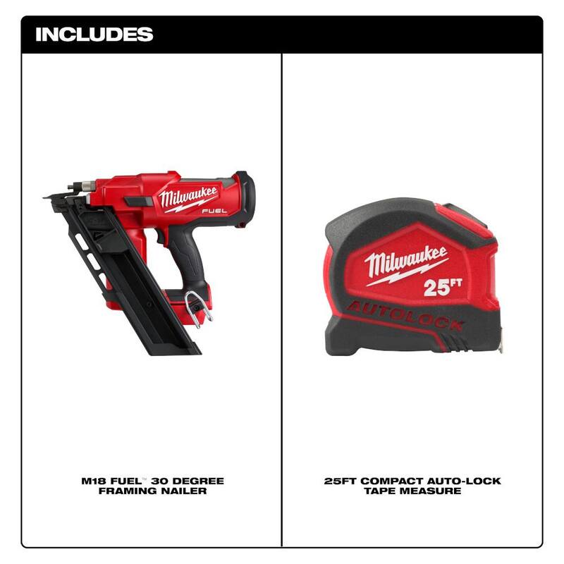 Clavadora inalámbrica para armazones Milwaukee M18 FUEL de 3-1/2 pulgadas, 18 V, 30 grados de ángulo, de ion de litio sin escobillas con cinta métrica automática Compact Auto Lock de 25 pies - 2745-20-48-22-6825.