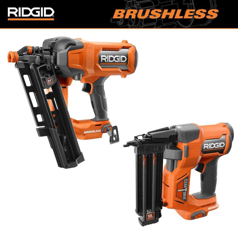 Clavadora de armazón inalámbrica sin escobillas RIDGID de 18V 21° 3-1/2 pulg. y Clavadora de brads inalámbrica sin escobillas de 18V 18-Gauge 2-1/8 pulg. (Herramientas solamente) - R09894B-R09891B