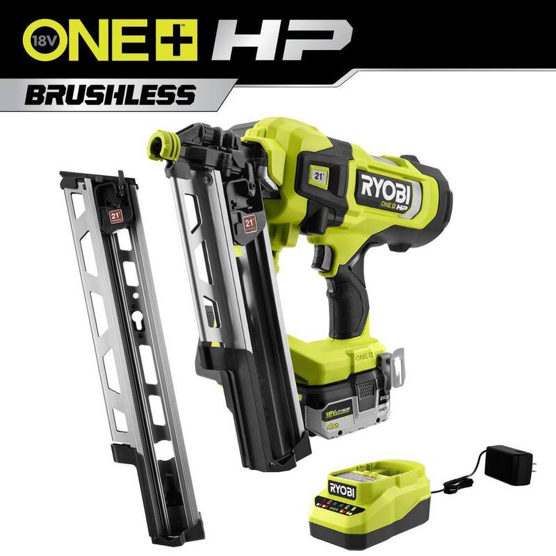 RYOBI ONE+ HP 18V Clavadora neumática sin escobillas inalámbrica AirStrike de 21° para armado de marcos con kit de batería de 4Ah, cargador y cargador de capacidad extendida de 21° - PBL345K-A102EM211.