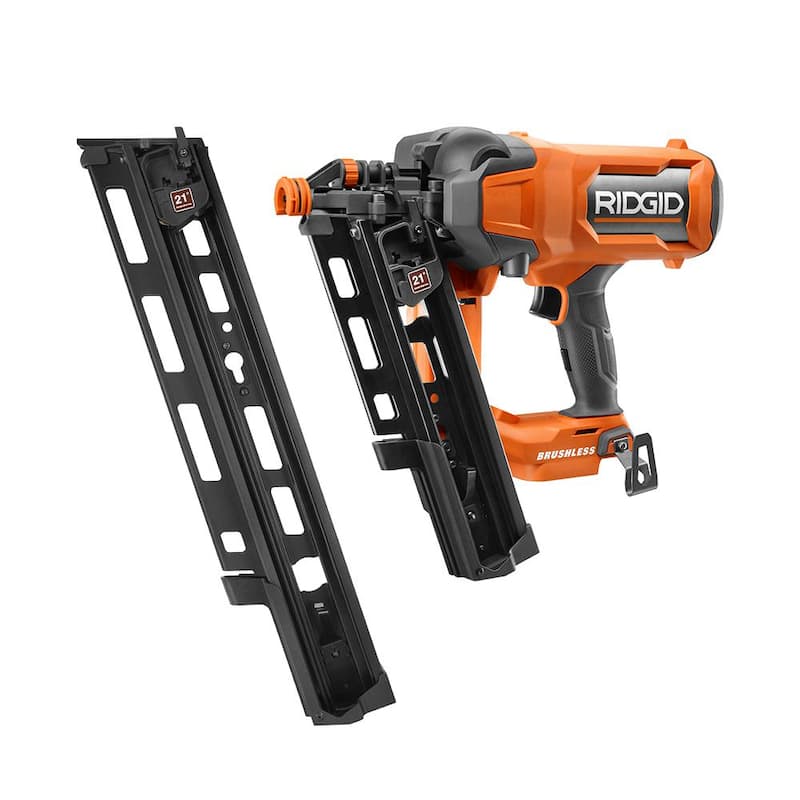 Clavadora para armado sin escobillas RIDGID de 18V, 21° y 3-1/2 pulgadas (herramienta solamente) con cargador de capacidad extendida de 21° - R09894B-AC102EM21N.