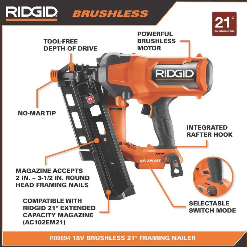Clavadora para armado sin escobillas RIDGID de 18V, 21° y 3-1/2 pulgadas (herramienta solamente) con cargador de capacidad extendida de 21° - R09894B-AC102EM21N.
