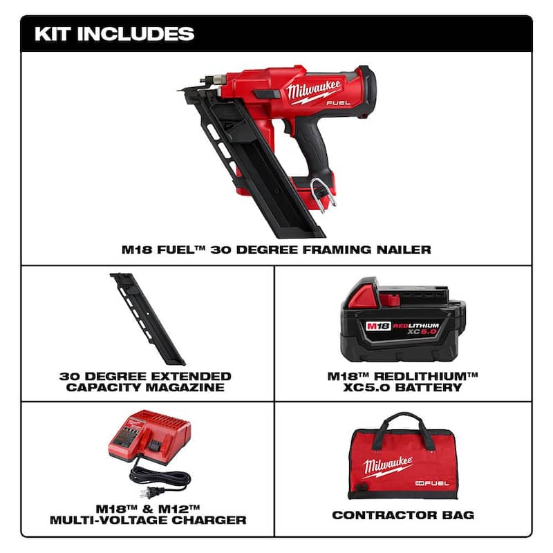Milwaukee M18 FUEL 3-1/2 pulg. 18-Volt 30 grados Ion de Litio sin escobillas Clavadora inalámbrica para marcos con batería, capacidad extendida Mag - 2745-21-48-08-2745