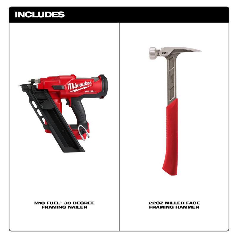 Clavadora inalámbrica Milwaukee M18 FUEL de 3-1/2 pulgadas 18 voltios 30 grados de litio-ion sin escobillas con martillo de enmarcar de cara fresada de 22 oz - 2745-20-48-22-9022.